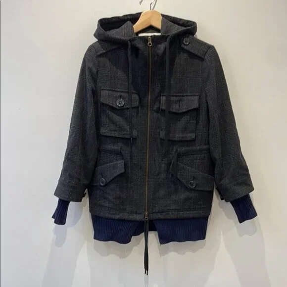 See By Chloe Utility Blazer Jacket Check Hood Knit Wool Varsity Black Navy 4 - Picture 1 of 14